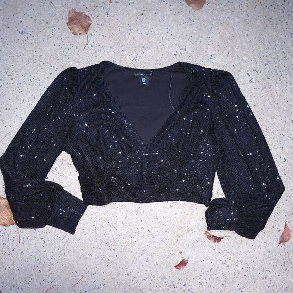 Sincerely Jules Bandier Sequin Top Black Deep V Long Sleeve Sz XL Party - Picture 3 of 13